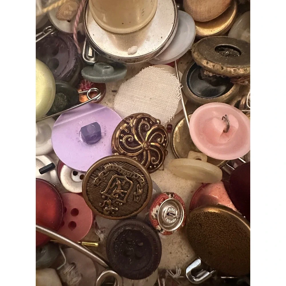 Vintage Sewing Notions Lot Buttons Needles Thimbles Mixed Multi Ornate Crest MCM